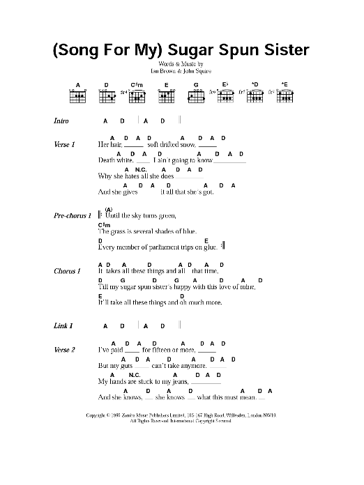 The Stone Roses (Song For My) Sugar Spun Sister sheet music notes and chords. Download Printable PDF.