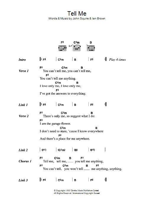 The Stone Roses Tell Me sheet music notes and chords. Download Printable PDF.