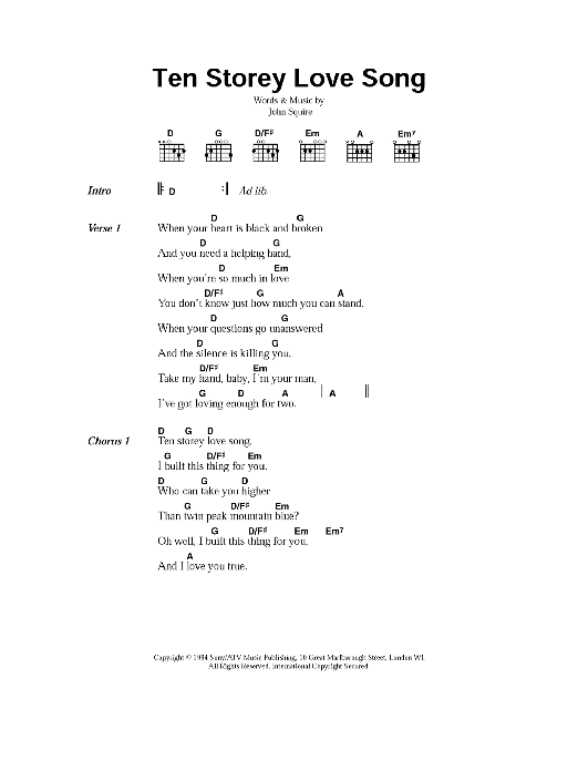 The Stone Roses Ten Storey Love Song sheet music notes and chords. Download Printable PDF.