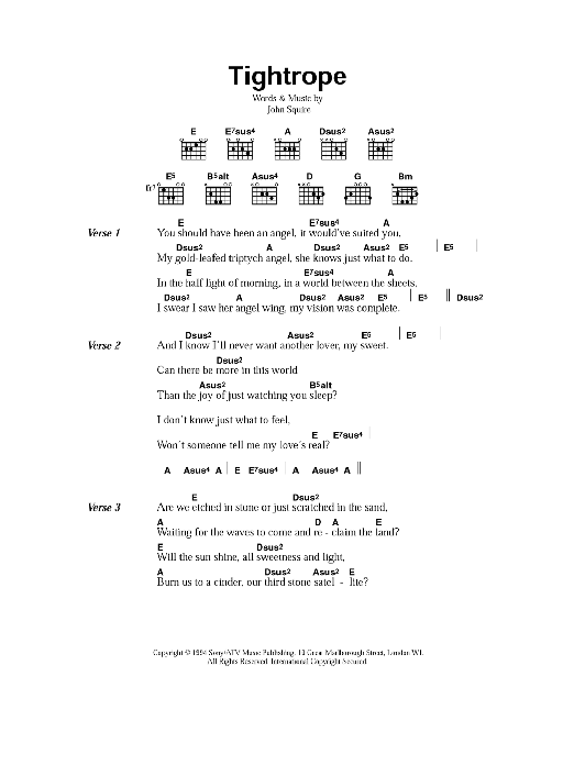 Learn to play The Stone Roses Tightrope sheet music for Guitar Chords/Lyrics in minutes. Price: 4.4900$ The Stone Roses Tightrope sheet music notes and chords arranged for Guitar Chords/Lyrics