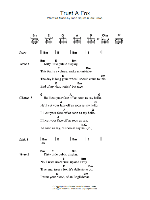 The Stone Roses Trust A Fox sheet music notes and chords arranged for Guitar Chords/Lyrics
