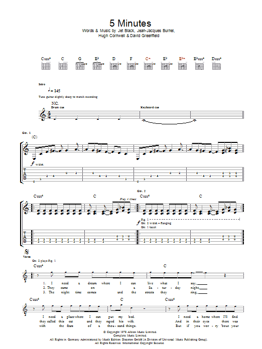 Learn to play The Stranglers 5 Minutes sheet music for Guitar Tab in minutes. Price: 7.8900$ The Stranglers 5 Minutes sheet music notes and chords arranged for Guitar Tab