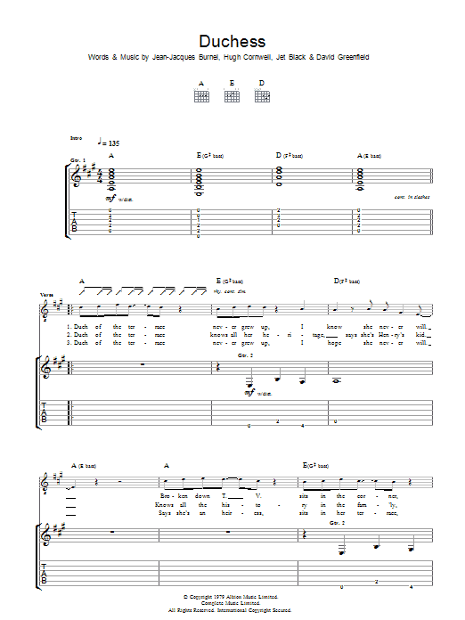 Learn to play The Stranglers Duchess sheet music for Guitar Tab in minutes. Price: 7.8900$ The Stranglers Duchess sheet music notes and chords arranged for Guitar Tab