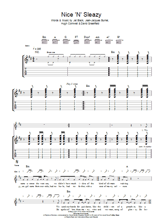 Learn to play The Stranglers Nice 'N' Sleazy sheet music for Guitar Tab in minutes. Price: 7.8900$ The Stranglers Nice 'N' Sleazy sheet music notes and chords arranged for Guitar Tab