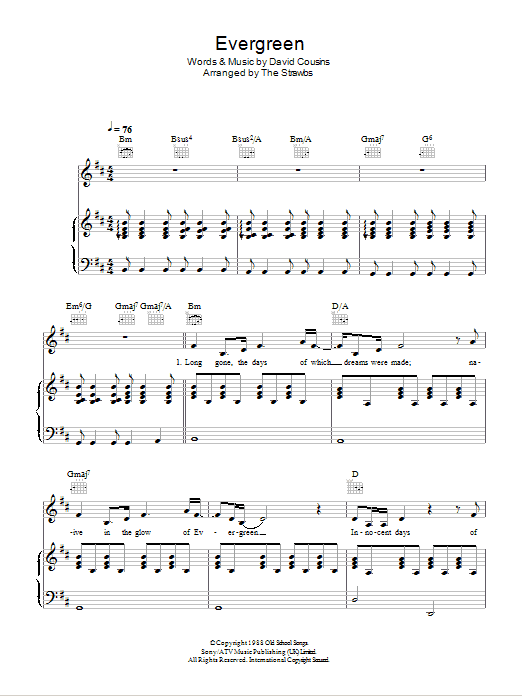 The Strawbs Evergreen sheet music notes and chords arranged for Piano, Vocal & Guitar Chords