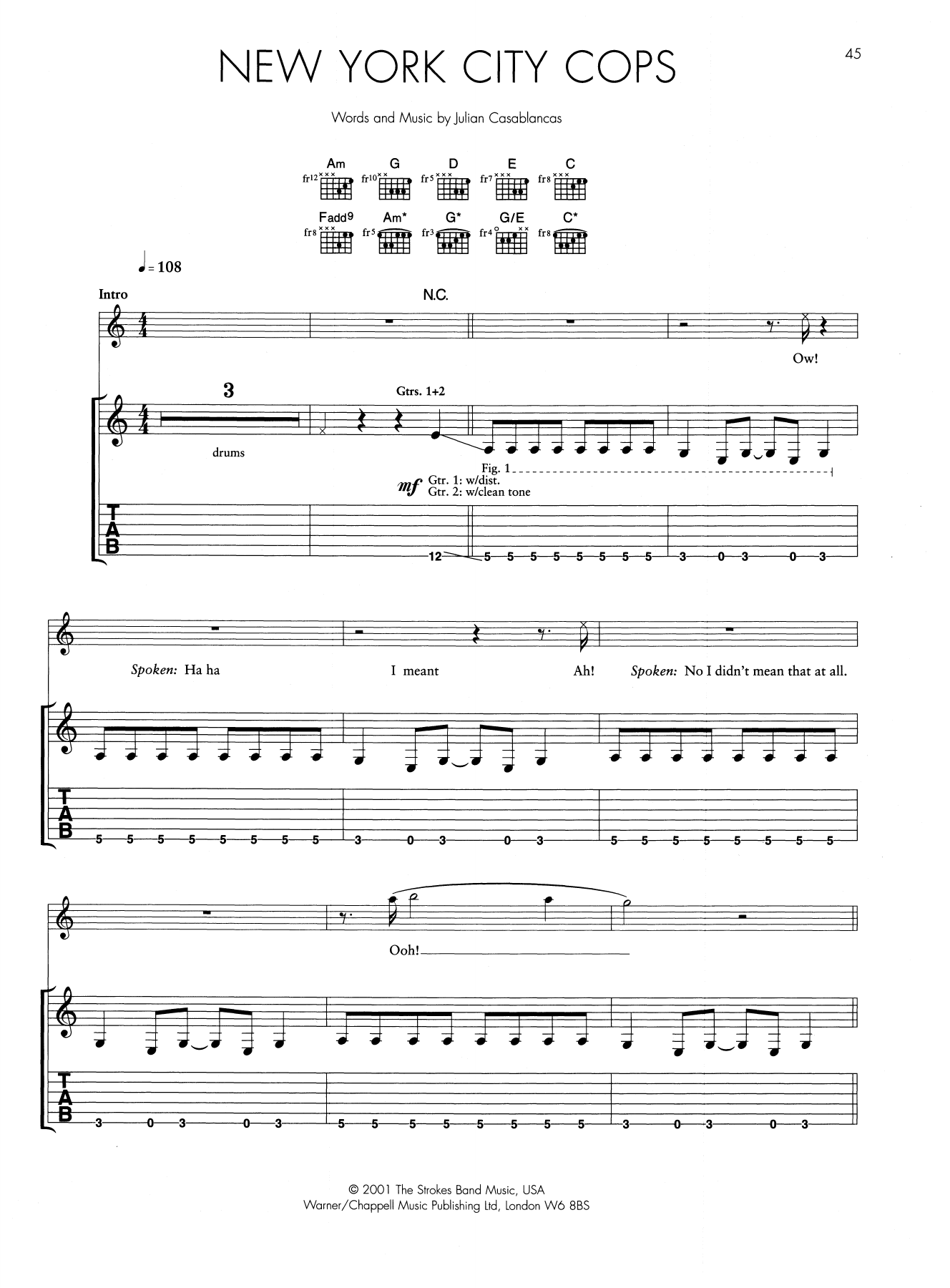 Learn to play The Strokes New York City Cops sheet music for Guitar Tab in minutes. Price: 6.9900$ The Strokes New York City Cops sheet music notes and chords arranged for Guitar Tab