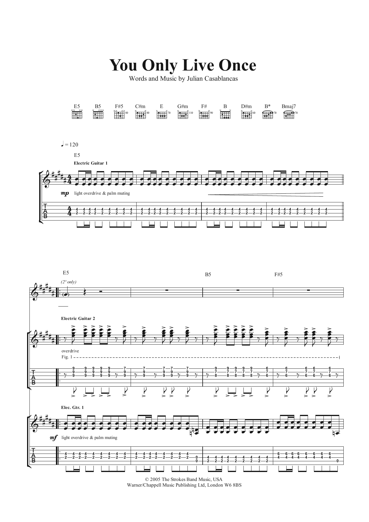 The Strokes You Only Live Once sheet music notes and chords. Download Printable PDF.