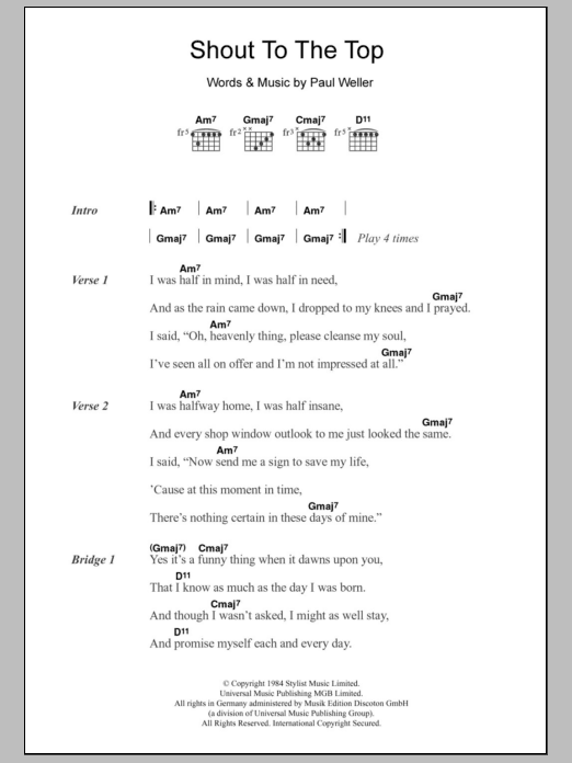Learn to play The Style Council Shout To The Top sheet music for Guitar Chords/Lyrics in minutes. Price: 4.4900$ The Style Council Shout To The Top sheet music notes and chords arranged for Guitar Chords/Lyrics