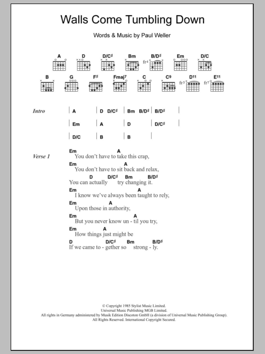 The Style Council Walls Come Tumbling Down sheet music notes and chords. Download Printable PDF.