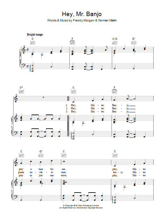 Learn to play The Sunnysiders Hey, Mr. Banjo sheet music for Piano, Vocal & Guitar Chords in minutes. Price: 7.8900$ The Sunnysiders Hey, Mr. Banjo sheet music notes and chords arranged for Piano, Vocal & Guitar Chords