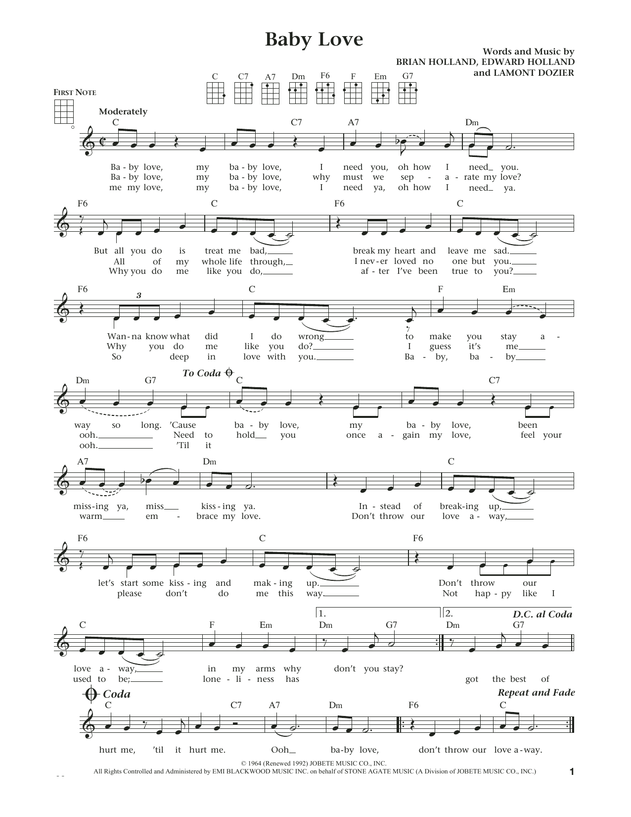 Learn to play The Supremes Baby Love (from The Daily Ukulele) (arr. Liz and Jim Beloff) sheet music for Ukulele in minutes. Price: 5.9900$ The Supremes Baby Love (from The Daily Ukulele) (arr. Liz and Jim Beloff) sheet music notes and chords arranged for Ukulele