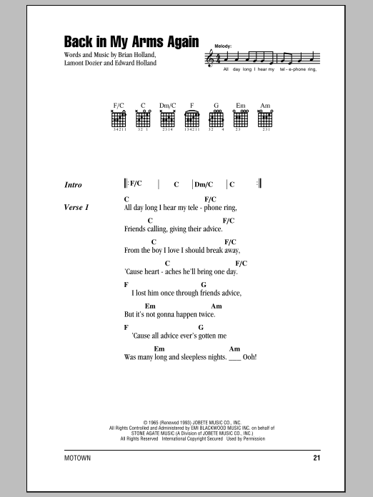 The Supremes Back In My Arms Again sheet music notes and chords. Download Printable PDF.