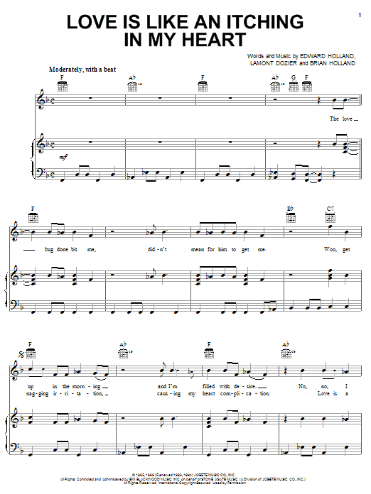 Learn to play The Supremes Love Is Like An Itching In My Heart sheet music for Piano, Vocal & Guitar Chords (Right-Hand Melody) in minutes. Price: 7.8900$ The Supremes Love Is Like An Itching In My Heart sheet music notes and chords arranged for Piano, Vocal & Guitar Chords (Right-Hand Melody)