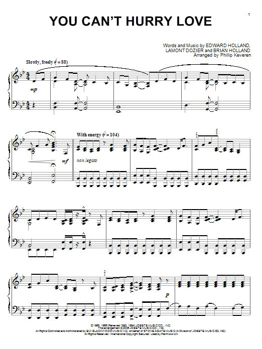 The Supremes You Can't Hurry Love sheet music notes and chords arranged for Piano Solo