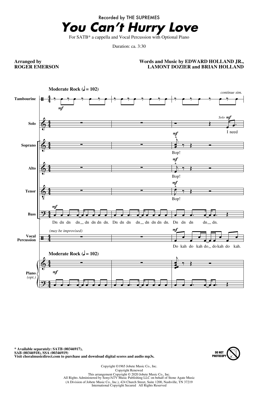 The Supremes You Can't Hurry Love (arr. Roger Emerson) sheet music notes and chords. Download Printable PDF.