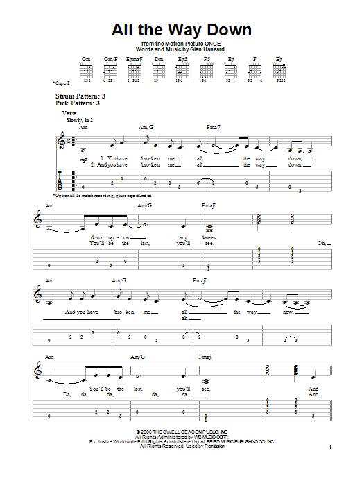 The Swell Season All The Way Down sheet music notes and chords. Download Printable PDF.