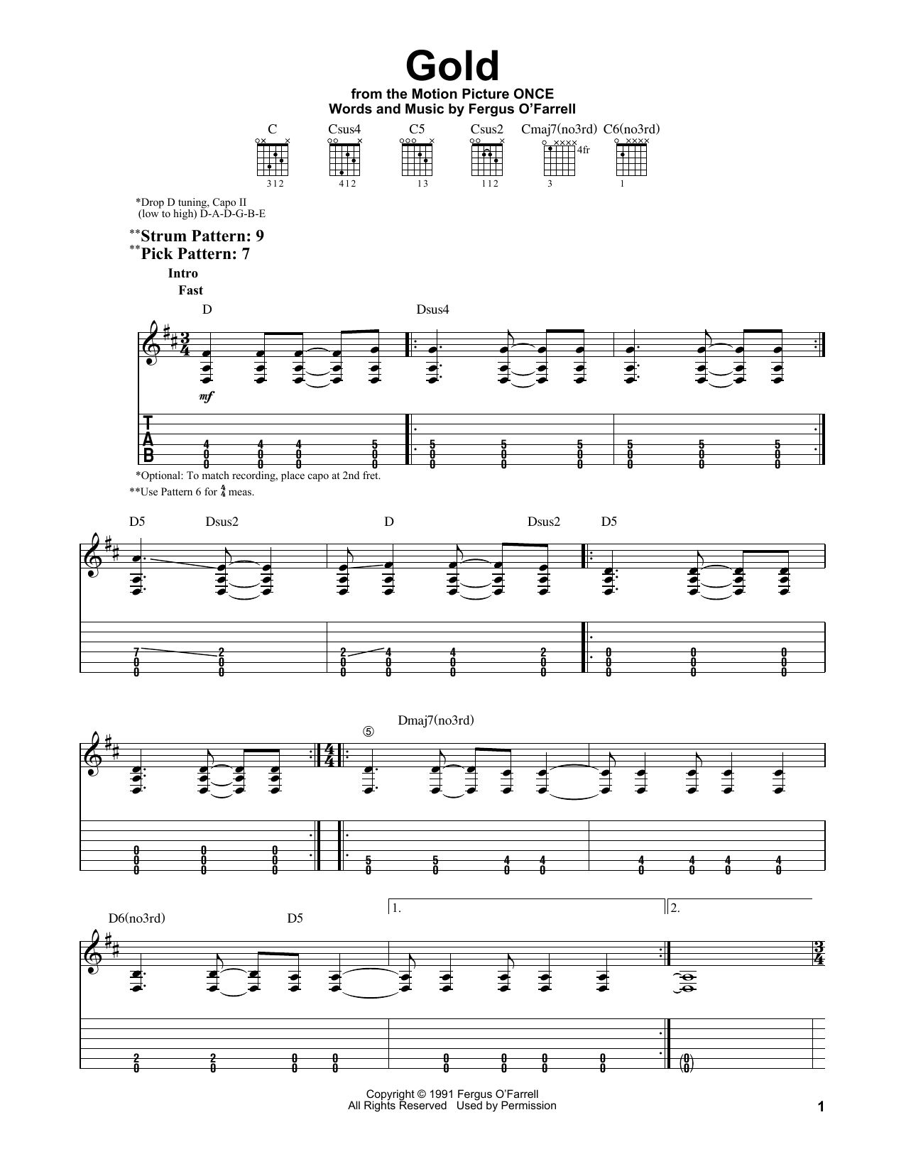 The Swell Season Gold sheet music notes and chords. Download Printable PDF.