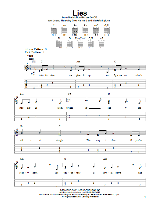 The Swell Season Lies sheet music notes and chords. Download Printable PDF.