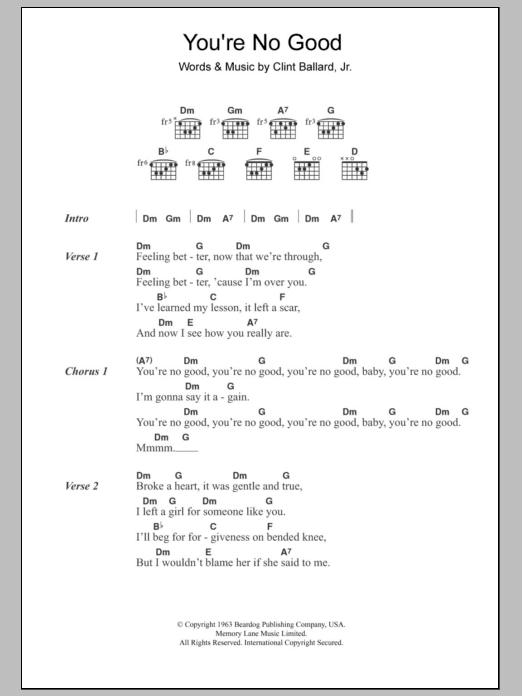 Learn to play The Swinging Blue Jeans You're No Good sheet music for Guitar Chords/Lyrics in minutes. Price: 4.4900$ The Swinging Blue Jeans You're No Good sheet music notes and chords arranged for Guitar Chords/Lyrics
