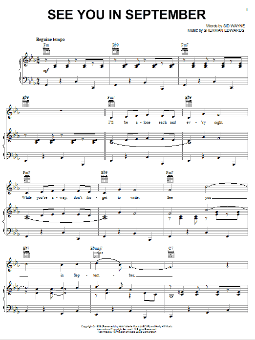 The Tempos See You In September sheet music notes and chords arranged for Piano, Vocal & Guitar Chords (Right-Hand Melody)