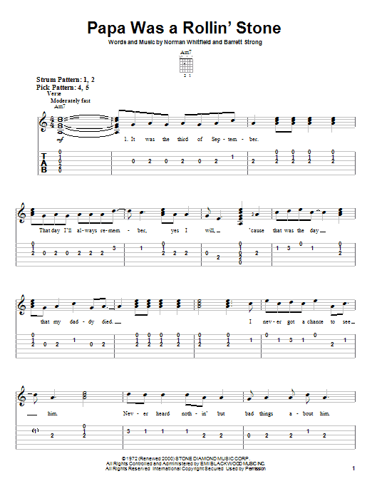 The Temptations Papa Was A Rollin' Stone sheet music notes and chords. Download Printable PDF.