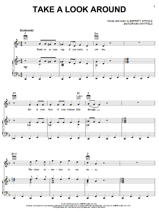 Learn to play The Temptations Take A Look Around sheet music for Piano, Vocal & Guitar Chords (Right-Hand Melody) in minutes. Price: 7.8900$ The Temptations Take A Look Around sheet music notes and chords arranged for Piano, Vocal & Guitar Chords (Right-Hand Melody)