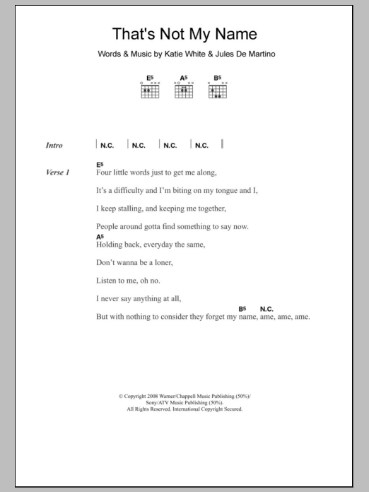 The Ting Tings That's Not My Name sheet music notes and chords arranged for Guitar Chords/Lyrics