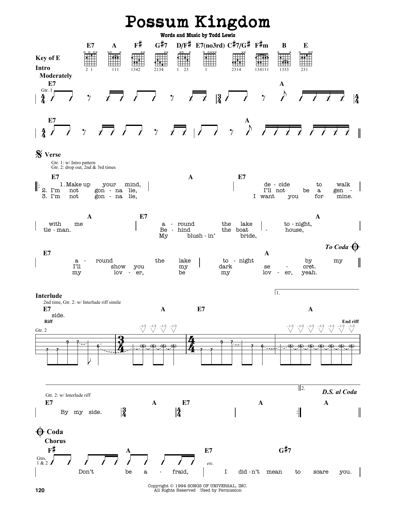 The Toadies Possum Kingdom sheet music notes and chords. Download Printable PDF.