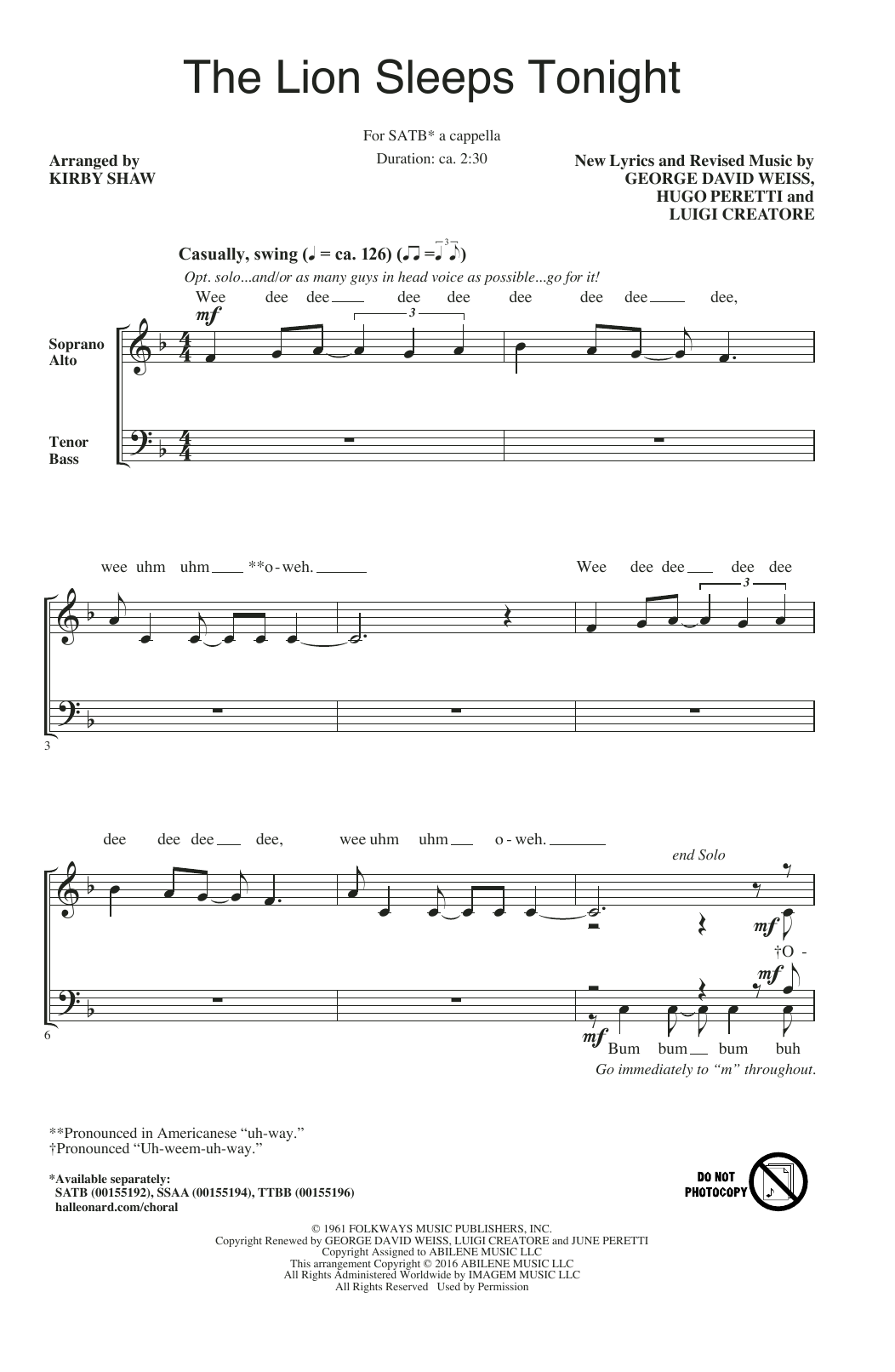 The Tokens The Lion Sleeps Tonight (arr. Kirby Shaw) sheet music notes and chords. Download Printable PDF.