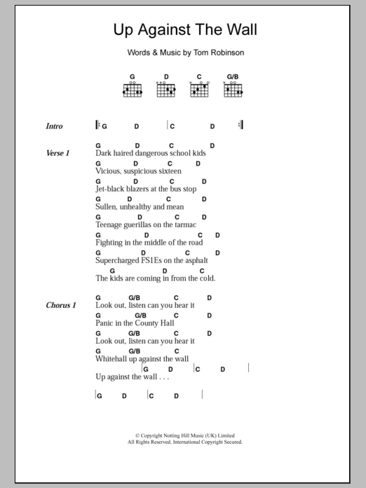 The Tom Robinson Band Up Against The Wall sheet music notes and chords. Download Printable PDF.