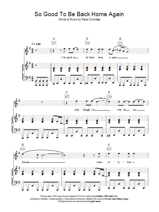 Learn to play The Tourists So Good To Be Back Home Again sheet music for Piano, Vocal & Guitar Chords in minutes. Price: 7.8900$ The Tourists So Good To Be Back Home Again sheet music notes and chords arranged for Piano, Vocal & Guitar Chords