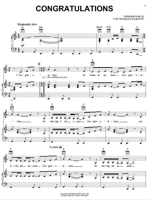 Learn to play The Traveling Wilburys Congratulations sheet music for Piano, Vocal & Guitar Chords (Right-Hand Melody) in minutes. Price: 7.8900$ The Traveling Wilburys Congratulations sheet music notes and chords arranged for Piano, Vocal & Guitar Chords (Right-Hand Melody)