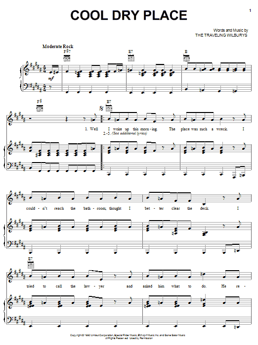 Learn to play The Traveling Wilburys Cool Dry Place sheet music for Piano, Vocal & Guitar Chords (Right-Hand Melody) in minutes. Price: 7.8900$ The Traveling Wilburys Cool Dry Place sheet music notes and chords arranged for Piano, Vocal & Guitar Chords (Right-Hand Melody)