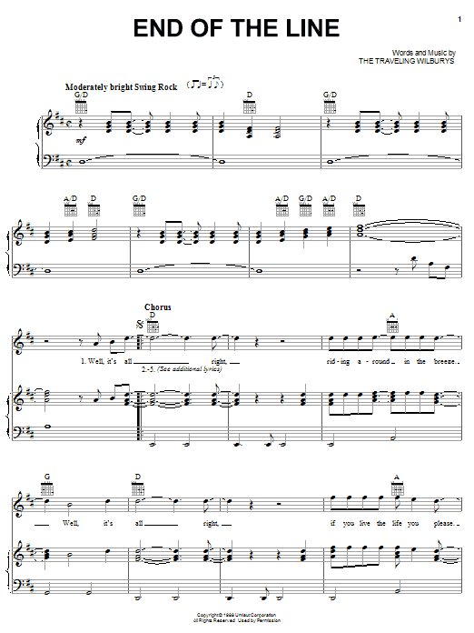 The Traveling Wilburys End Of The Line sheet music notes and chords. Download Printable PDF.