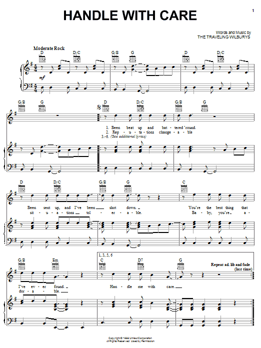 The Traveling Wilburys Handle With Care sheet music notes and chords. Download Printable PDF.