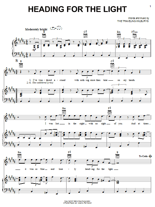 The Traveling Wilburys Heading For The Light sheet music notes and chords arranged for Piano, Vocal & Guitar Chords (Right-Hand Melody)