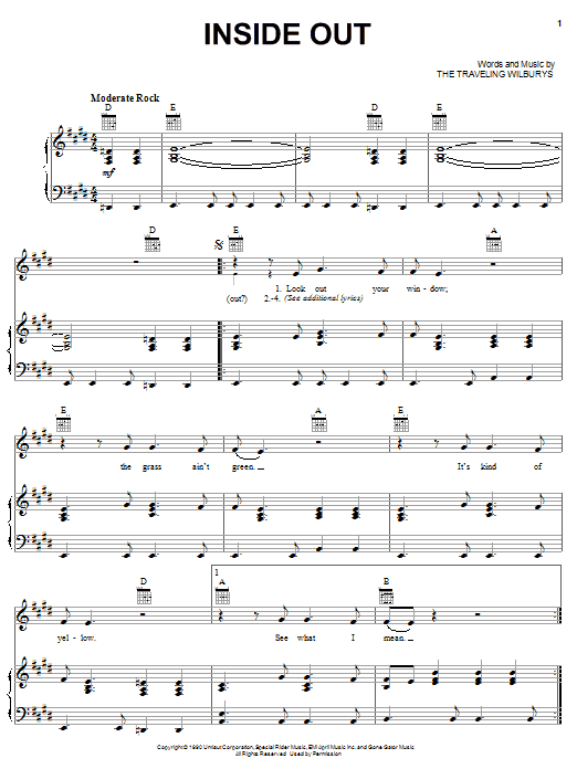 The Traveling Wilburys Inside Out sheet music notes and chords arranged for Piano, Vocal & Guitar Chords (Right-Hand Melody)