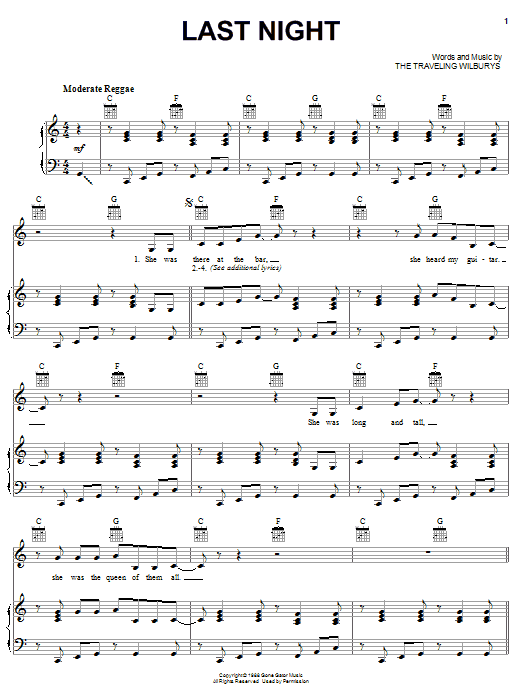 The Traveling Wilburys Last Night sheet music notes and chords. Download Printable PDF.