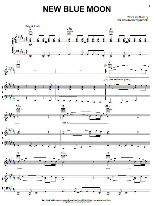 Learn to play The Traveling Wilburys New Blue Moon sheet music for Piano, Vocal & Guitar Chords (Right-Hand Melody) in minutes. Price: 7.8900$ The Traveling Wilburys New Blue Moon sheet music notes and chords arranged for Piano, Vocal & Guitar Chords (Right-Hand Melody)