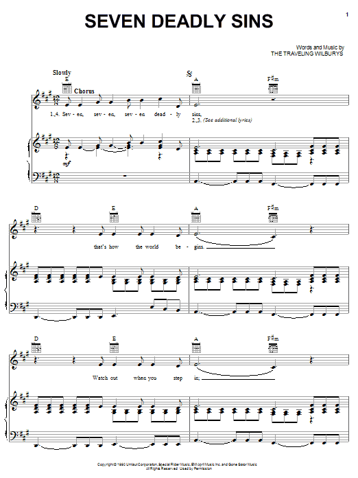 The Traveling Wilburys Seven Deadly Sins sheet music notes and chords arranged for Piano, Vocal & Guitar Chords (Right-Hand Melody)