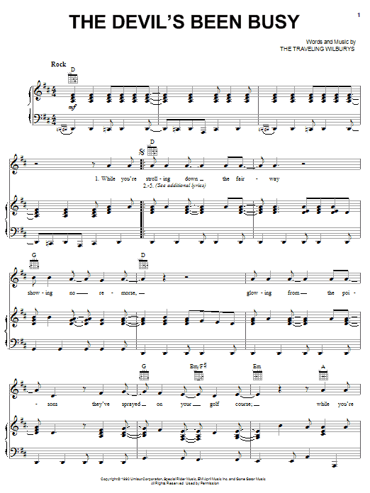 Learn to play The Traveling Wilburys The Devil's Been Busy sheet music for Piano, Vocal & Guitar Chords (Right-Hand Melody) in minutes. Price: 7.8900$ The Traveling Wilburys The Devil's Been Busy sheet music notes and chords arranged for Piano, Vocal & Guitar Chords (Right-Hand Melody)