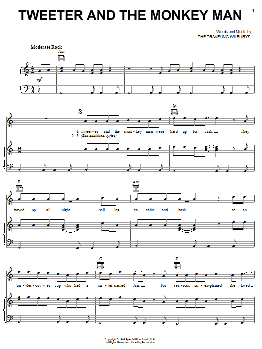 Learn to play The Traveling Wilburys Tweeter And The Monkey Man sheet music for Piano, Vocal & Guitar Chords (Right-Hand Melody) in minutes. Price: 7.8900$ The Traveling Wilburys Tweeter And The Monkey Man sheet music notes and chords arranged for Piano, Vocal & Guitar Chords (Right-Hand Melody)