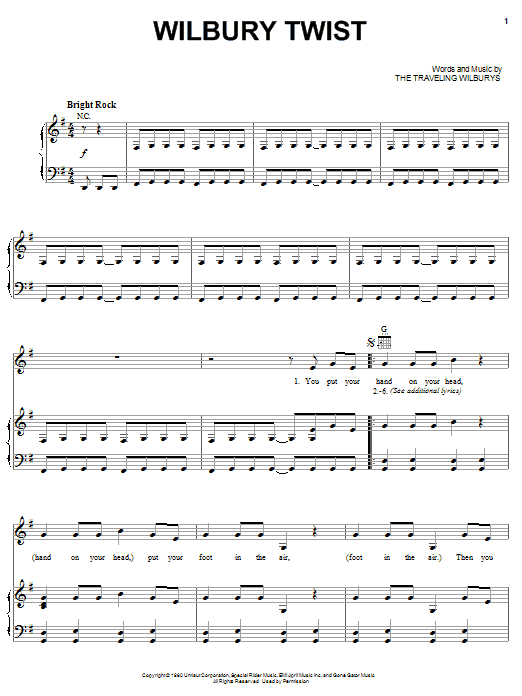 Learn to play The Traveling Wilburys Wilbury Twist sheet music for Piano, Vocal & Guitar Chords (Right-Hand Melody) in minutes. Price: 7.8900$ The Traveling Wilburys Wilbury Twist sheet music notes and chords arranged for Piano, Vocal & Guitar Chords (Right-Hand Melody)