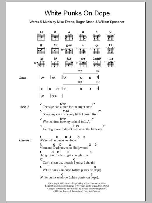 The Tubes White Punks On Dope sheet music notes and chords. Download Printable PDF.