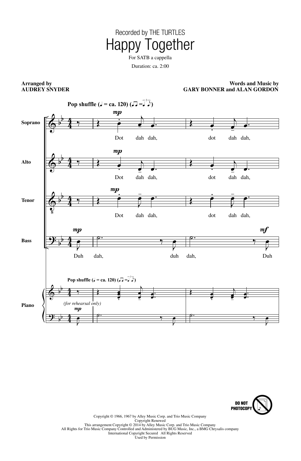 The Turtles Happy Together (arr. Audrey Snyder) sheet music notes and chords. Download Printable PDF.