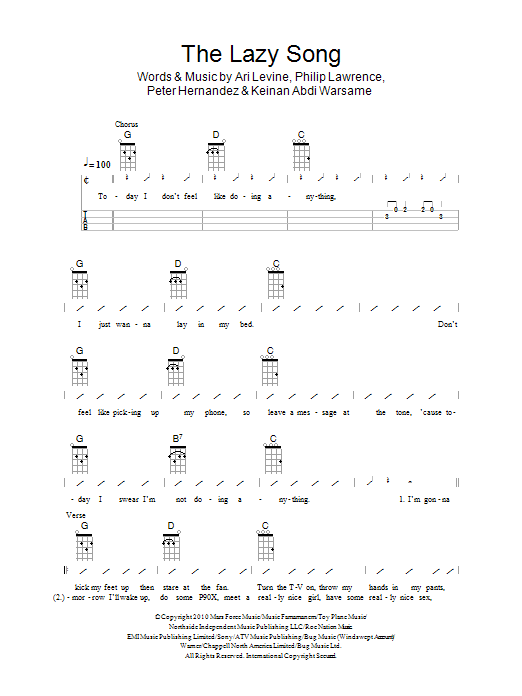 The Ukuleles The Lazy Song sheet music notes and chords. Download Printable PDF.