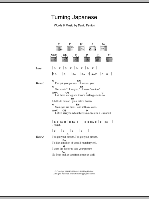 The Vapors Turning Japanese sheet music notes and chords. Download Printable PDF.