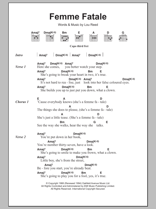 The Velvet Underground Femme Fatale sheet music notes and chords. Download Printable PDF.