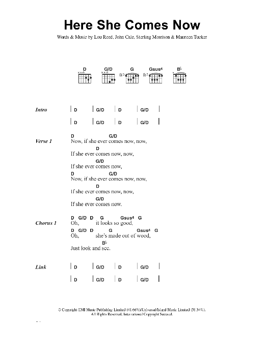Learn to play The Velvet Underground Here She Comes Now sheet music for Guitar Chords/Lyrics in minutes. Price: 4.4900$ The Velvet Underground Here She Comes Now sheet music notes and chords arranged for Guitar Chords/Lyrics