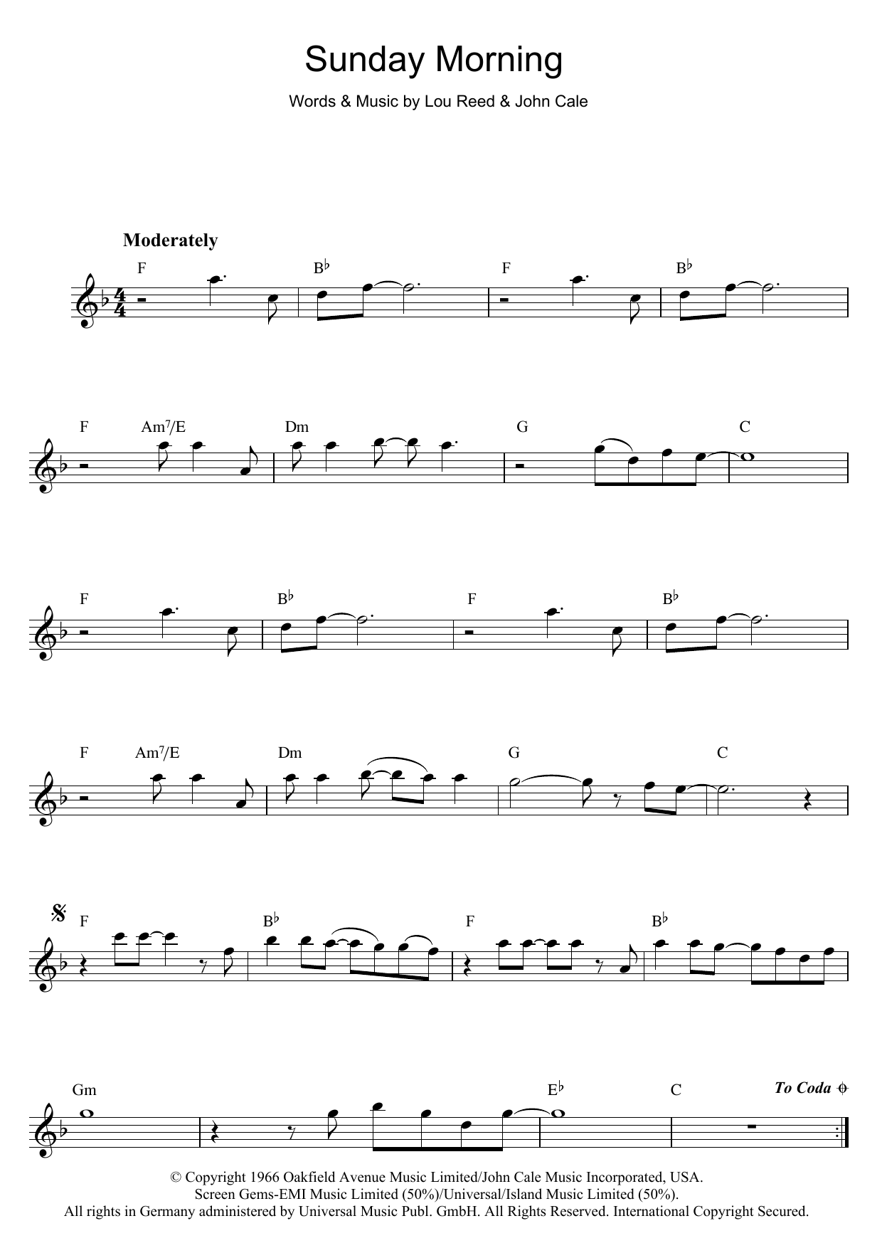 The Velvet Underground Sunday Morning sheet music notes and chords. Download Printable PDF.